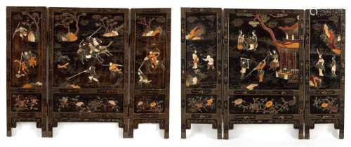 A SIX PANEL WOOD SCREEN DEPICTING HUNTERS WITH INLAYS OF BON...