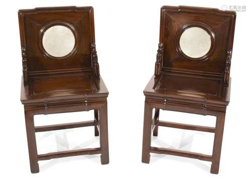 A PAIR OF STONE-INLAID WOOD CHAIRS