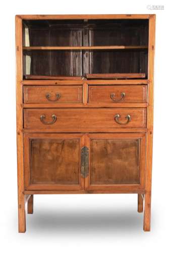 A TWO-DOOR AND THREE-DRAWER WOOD CABINET