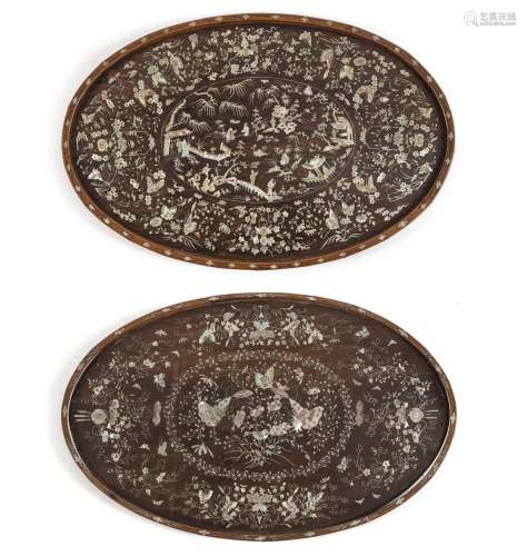 TWO OVAL MOTHER-OF-PEARL-INLAID BUTTERFLY TRAYS