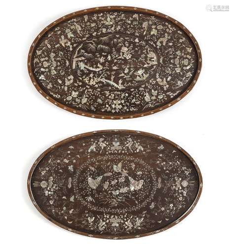 TWO OVAL MOTHER-OF-PEARL-INLAID BUTTERFLY TRAYS