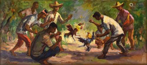 INSCRIBED M. GALVEZ: A PAINTING OF A COCK FIGHT