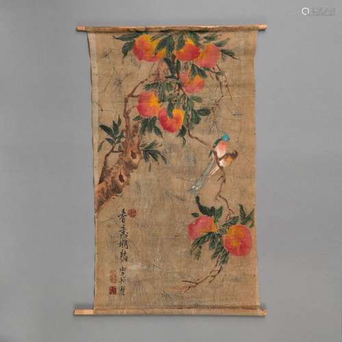 A PAIR OF PAINTINGS ON COTTON DEPICTING PEACHES AND A LANDSC...