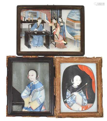 THREE REVERSE GLASS PAINTINGS OF LADIES