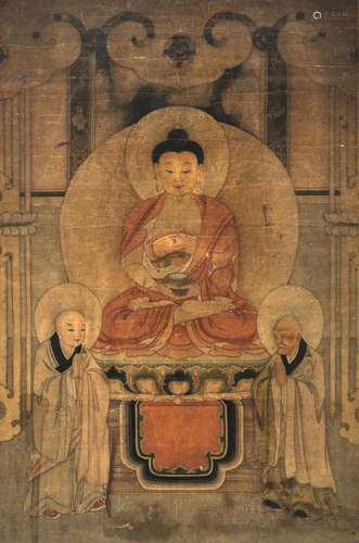 A PAINTING OF BUDDHA AMITABHA ACCOMPANIED BY TWO LUOHAN