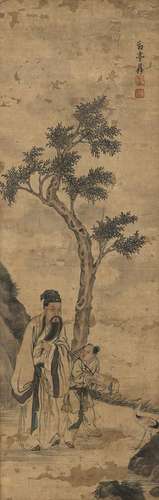 PAINTING ON PAPER DEPICTING A SCHOLAR WITH SERVANT AND CRANE...