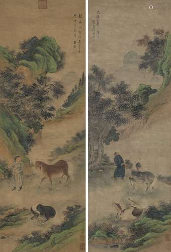 TWO PAINTINGS OF HORSES WITH GROOM