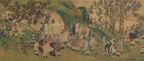 A HANDSCROLL FRAGMENT OF A PROCESSION IN A BLUE AND GREEN MO...