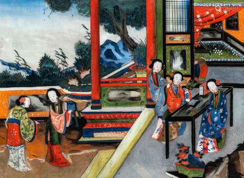 A REVERSE GLASS PAINTING WITH LADIES READING ON A TERRACE