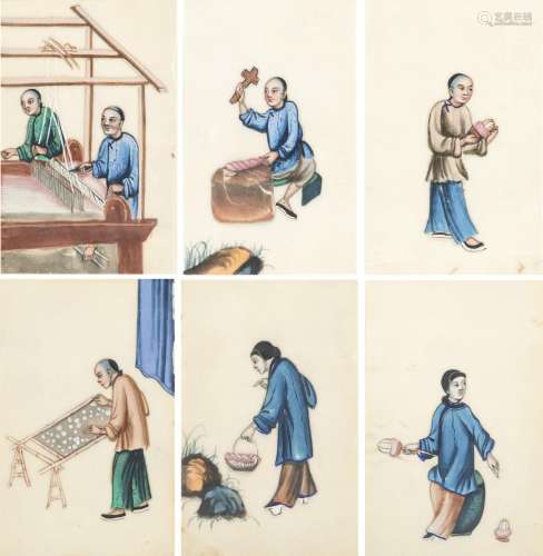 SIX PITH PAINTINGS OF FIGURES IN MANUFACTURING