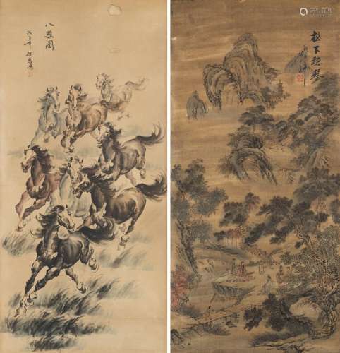 TWO HANGING SCROLLS WITH DEPICTIONS OF HORSES AND A LANDSCAP...