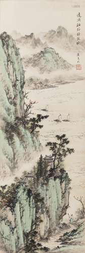 A LANDSCAPE PAINTING MOUNTED AS A HANGING SCROLL