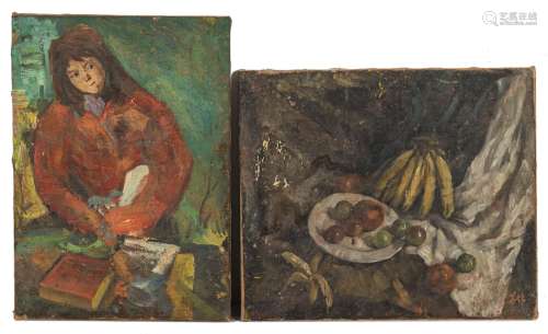 TWO OIL PAINTINGS ON CANVAS: A PORTRAIT OF A LADY AND A FRUI...