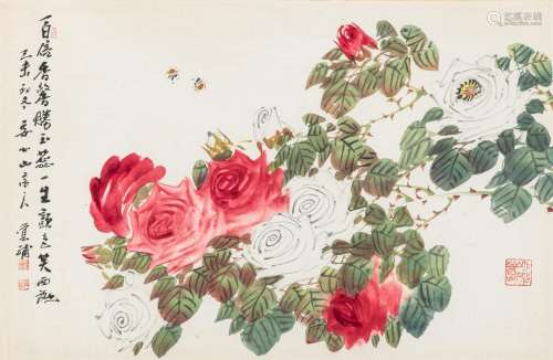 A PAINTING ON PAPER WITH BLOOMING ROSE BRANCHES AND SUMMER B...