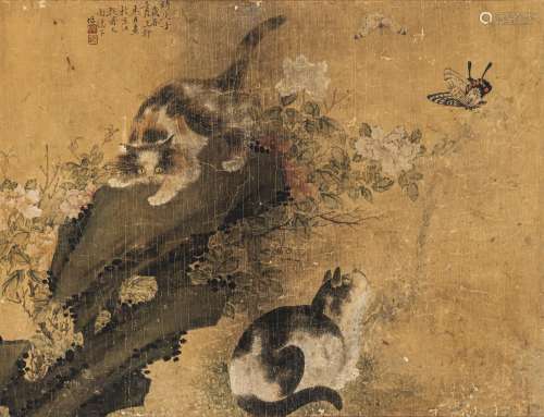 A PAINTING ON PAPER DEPICTING TWO PLAYING CATS AND BUTTERFLI...