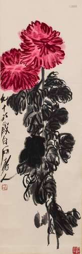 TWO WOODBLOCK PRINTS OF WISTERIA AND CHRYSANTHEMUM BY QI BAI...