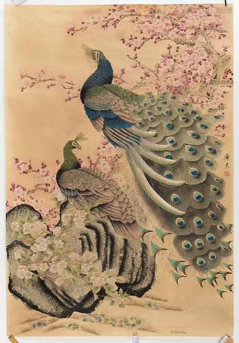 A PAINTING OF A PEACOCK COUPLE BY LU HUI