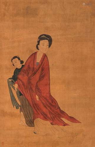 ANONYMOUS PAINTING OF LADY CLAD IN A RED GOWN ACCOMPANIED BY...