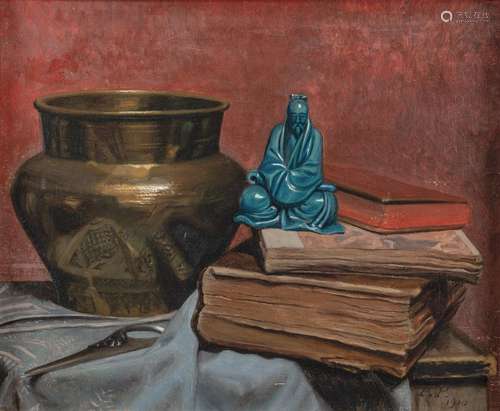 STILL LIFE DEPICTING ASIAN ANTIQUITIES AND OLD EUROPEAN BOOK...