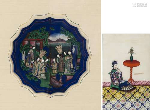 A PITH PAINTING DEPICTING A SEATED COURT LADY AND A FLOWER-S...