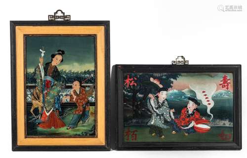 TWO REVERSE GLASS PAINTINGS WITH HE-HE ER XIAN AND MAGU