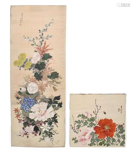 TWO POLYCHROME FLOWER PAINTINGS