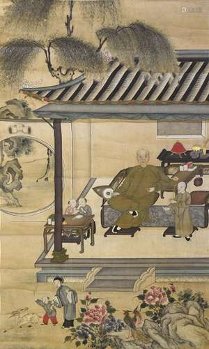 A HANGING SCROLL WITH AN ANONYMOUS PAINTING OF A NOBLE FAMIL...