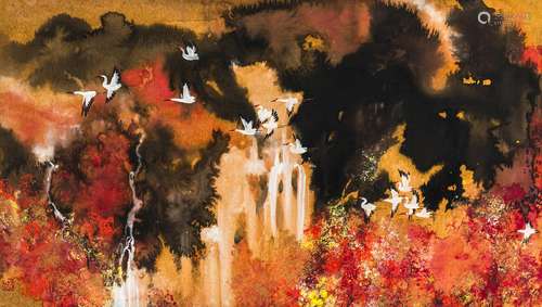 PAINTING ON PAPER DEPICTING FLYING CRANES OVER A RED AUTUMN ...