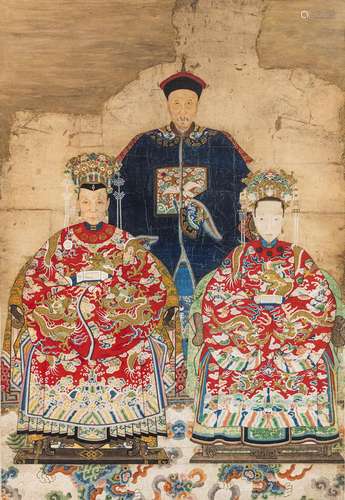 ANCESTOR PORTRAIT OF A SCHOLAR OFFICIAL FLANKED BY TWO WOMEN...