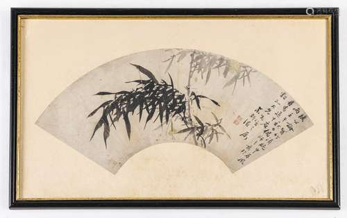 AN INK FAN PAINTING ON PAPER DEPICTING BAMBOO