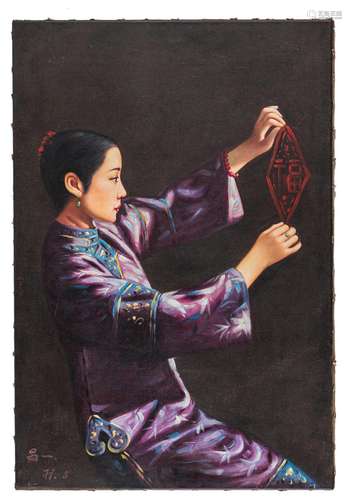 PAINTING DEPICTING A CHINESE LADY IN TRADITIONAL DRESS, HOLD...