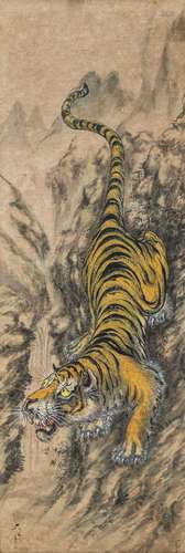 A PAINTING ON PAPER WITH A TIGER GOING DOWN THE MOUNTAIN