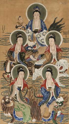 A TEMPLE PAINTING DEPICTING FIVE BODHISATTVAS. HANGING SCROL...