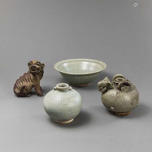 THREE CELADON CERAMIC PIECES AND A POLYCHROME BISCUIT PORCEL...