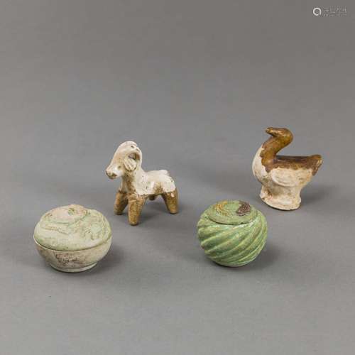 TWO LIDDED CERAMIC BOXES AND ANIMALS