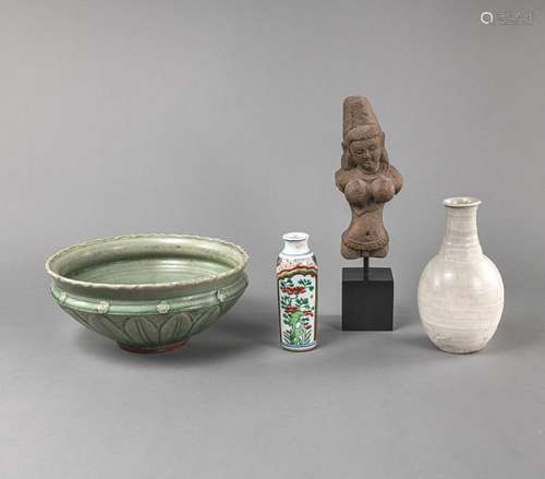 TWO VASES, A LARGE LONGQUAN BOWL, AND A FEMALE TORSO