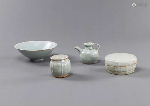 TWO LIDDED QINGBAI BOXES, A BOWL, AND A SMALL EWER