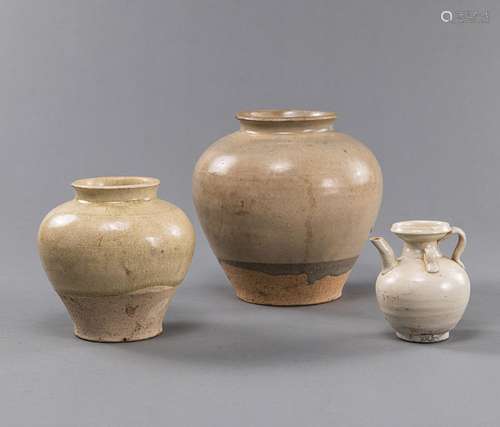 TWO WHITE-GLAZED VASES AND A SMALL EWER