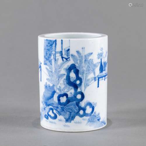 A BLUE AND WHITE PORCELAIN 'PLAYING BOYS' BRUSHPOT