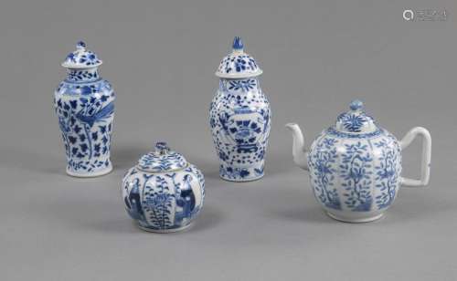 TWO BLUE AND WHITE LIDDED PORCELAIN VASES, A BOX, AND A TEAP...