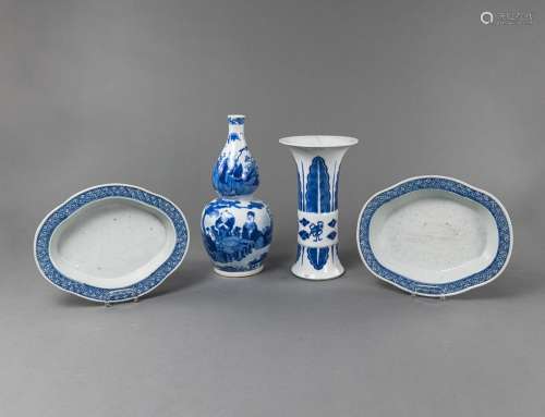 TWO BLUE AND WHITE PORCELAIN VASES AND TWO QUADRILOBED DISHE...