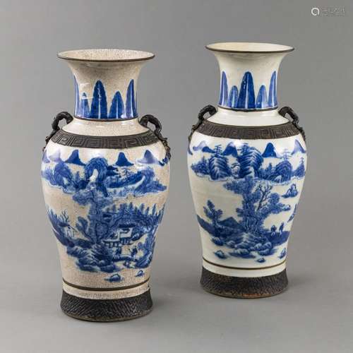 A PAIR OF BLUE AND WHITE PORCELAIN LANDSCAPE VASES