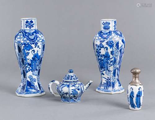 TWO BLUE AND WHITE PORCELAIN VASES, A TEAPOT, AND A FLASK