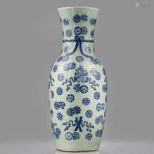 A CELADON-GROUND PORCELAIN FLOOR VASE WITH UNDERGLAZE-BLUE D...