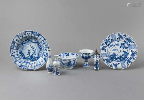 TWO BLUE AND WHITE PORCELAIN DISHES, A BOWL, A STEMCUP, AND ...