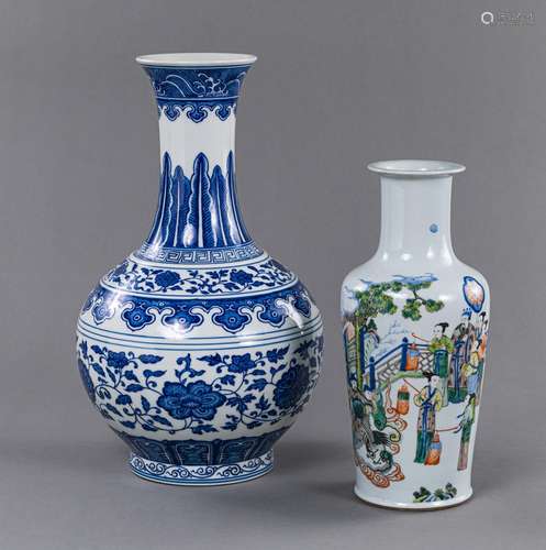 A BLUE AND WHITE BOTTLE VASE AND A DOUCAI FIGURAL VASE