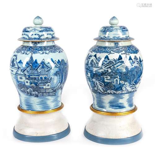 A PAIR OF BLUE AND WHITE PORCELAIN RIVER LANDSCAPE VASES AND...