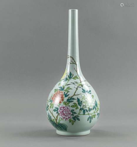 A CELADON-GROUND FAMILLE ROSE FLOWER AND BIRD VASE