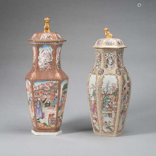 TWO POLYCHROME HEXAGONAL PORCELAIN VASES WITH COVERS