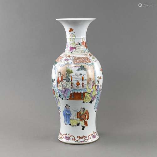 LARGE FAMILLE ROSE BALUSTER VASE WITH A FESTIVE SCENE ON A T...